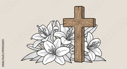 A wooden cross surrounded by elegant lilies, illustrated in a minimalist style, ideal for religious themes