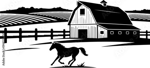 Rural farm landscape with wooden barn silhouette vector illustration
