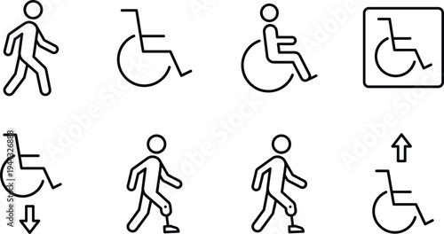 Accessibility and Disability Icon Set Featuring Wheelchair Users Prosthetic Leg Amputees Walking Figures and Inclusion Symbols for Universal Design Public Signage and Medical Mobility Infographics