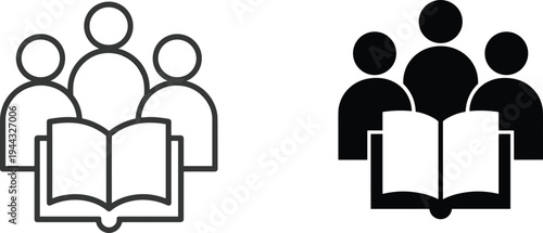 Education and group learning icons set, students reading open book symbols for school, library and knowledge sharing