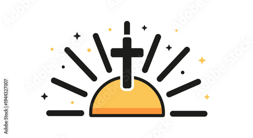 A stylized illustration of a cross atop a rising sun, featuring a modern flat design with vibrant colors