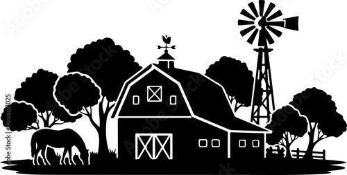 Rural farm landscape with wooden barn silhouette vector illustration