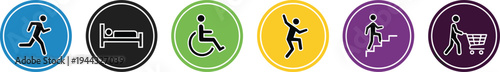 Collection of public facility icons including running, hotel bed, wheelchair access, jumping activity, stairs climbing and shopping cart flat vector set