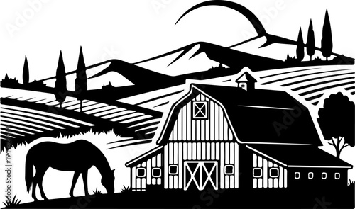 Rural farm landscape with wooden barn silhouette vector illustration
