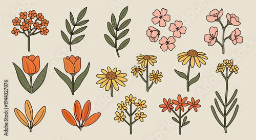 A vibrant collection of hand-drawn floral illustrations featuring various flowers and leaves in a modern style