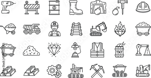 Construction and mining industry line icons set including tools machinery worker equipment safety helmet excavator dump truck vector illustration collection