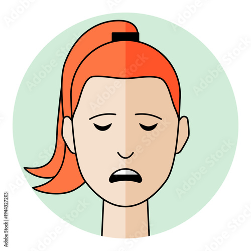 Woman face avatar with closed eyes and sad downcast mouth expression in flat style. Female character portrait with ginger hair for unhappy emotion, bad mood, icon.