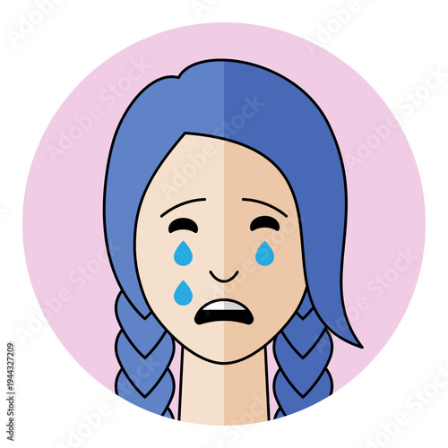 Crying woman avatar with tears and sad mouth expression in flat cartoon style. Female character portrait for crying emotion, grief, sorrow and mental health support, icon.