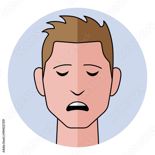 Man face avatar with closed eyes and sad downcast mouth expression in flat style. Male character portrait with brown hair for unhappy emotion, bad mood, icon.