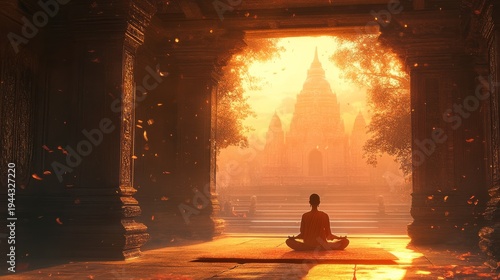 peaceful moment of meditation in sunlit temple .