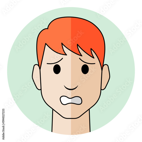 Man face avatar with anxious eyes and worried mouth expression in flat style. Male character portrait for confused emotion, fear, security risk and nervous support icon.