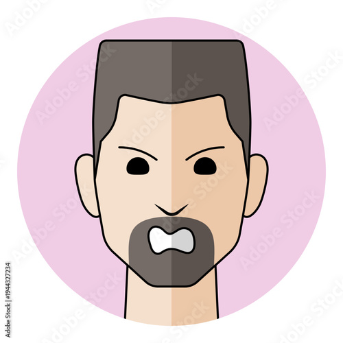 Man face avatar with furious facial expression and aggressive open mouth showing teeth. Male character portrait with goatee beard for mad emotion, rage, conflict.