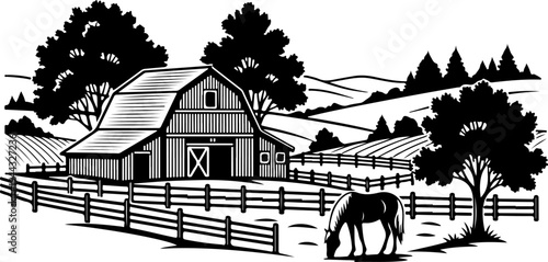 Rural farm landscape with wooden barn silhouette vector illustration