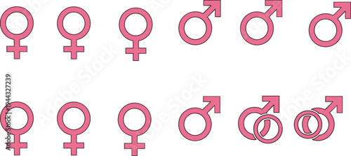 Male and female gender symbols icon set representing sexuality, equality, relationship and identity concepts simple flat vector illustration collection