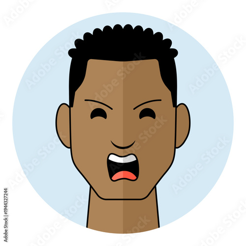 Black man face avatar with screaming mouth and angry eyes expression in circular frame. Male character portrait for rage emotion, shouting, aggressive conflict, alert icon.