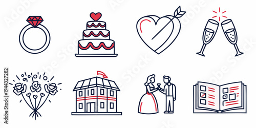 Various icons representing different aspects of weddings and marriage ceremonies
