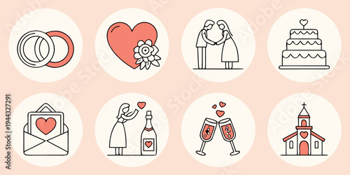 A collection of wedding and love-themed icons featuring rings, hearts, and a wedding cake.
