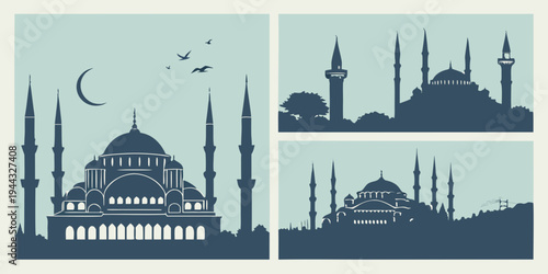 Four distinct views of a grand mosque with minarets and domes under a crescent moon