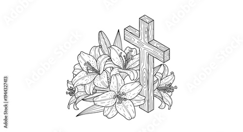 A detailed illustration of a wooden cross surrounded by blooming lilies in a minimalist style