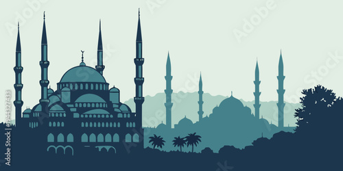 Silhouette of a mosque with minarets and domes against a mountainous landscape