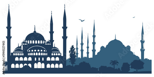 A detailed illustration of the iconic skyline of istanbul with its historic mosques and minarets