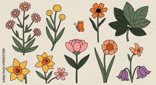 A vibrant collection of hand-drawn flowers and plants in a whimsical style, perfect for nature-themed designs
