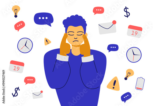 Illustration of a stressed person with blue hair and blue sweater, hands on temples, surrounded by clocks, chat bubbles, calendar. Illustrate emotional burnout Vector illustration
