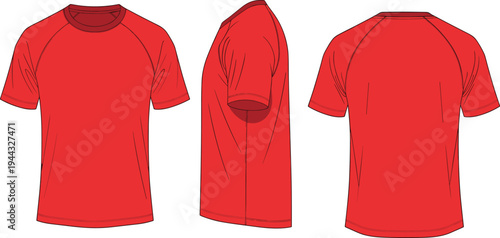 Red raglan t shirt mockup template with front side and back views blank sports apparel vector illustration for clothing design and branding