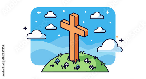 A colorful illustration of a cross on a grassy hill with clouds and a blue sky, featuring a modern flat design style