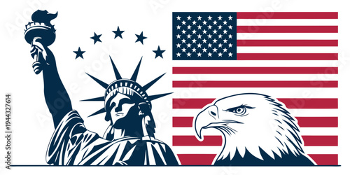 Statue of liberty and bald eagle with american flag in background.