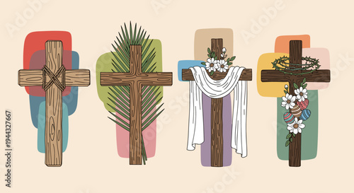 A collection of four decorative wooden crosses featuring various designs and embellishments, in a modern flat style
