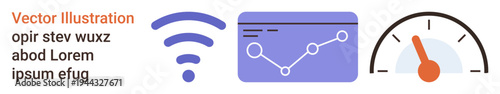 Data analysis, internet connectivity, speed optimization, analytics, network performance, IoT. wireless signal, chart and speedometer graphics. Internet connectivity and data analysis concept