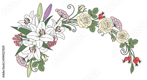A vibrant floral arrangement featuring lilies, roses, and berries in a detailed, hand-drawn style