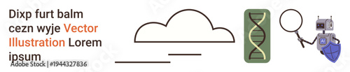Cloud computing, DNA research, cybersecurity, technology innovation, data analysis, information security. Cloud shape, DNA strand magnifying glass and shielded robot. Cloud computing and DNA