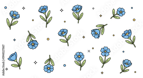 A vibrant collection of blue flowers and decorative elements in a minimalist style, perfect for floral designs