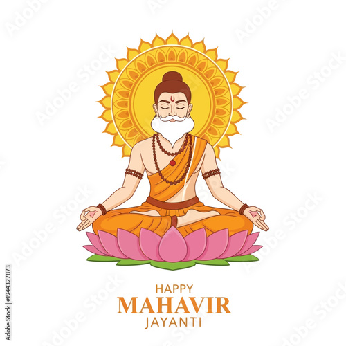 Mahavir Jayanti Celebration: Lord Mahavir Meditating on Lotus, Sun Halo, Spiritual India