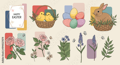 A vibrant Easter-themed illustration featuring bunnies, eggs, and flowers in a flat design style