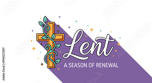 A vibrant illustration featuring a decorative cross with leaves and the word 'Lent' in a modern style, symbolizing renewal