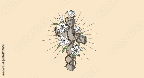 A detailed illustration of a wooden cross adorned with blooming flowers, featuring a modern, minimalist style