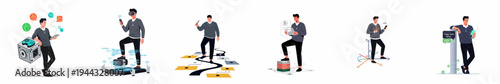 Set of illustrations showing a professional man interacting with various modern technology concepts like VR, coding, data management, and UI UX design.