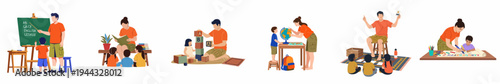 Flat vector set of teachers and children engaged in diverse educational activities like reading, geography, drawing, and playing blocks on a white background.