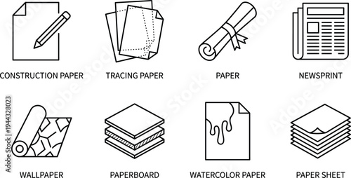 Various Paper Types Icon Set Featuring Construction Tracing Watercolor Paper Newsprint Wallpaper Paperboard and Sheets for Art Craft Printing and Professional Creative Stationery Industry Design