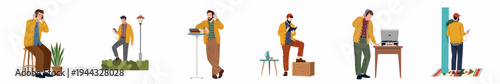 Flat illustration set of a man in a yellow cardigan enjoying music, writing, and reading in various lifestyle scenarios.