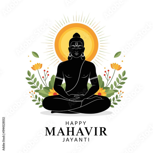 Mahavir Jayanti: Lord Mahavir meditating in lotus pose with sun halo and flowers