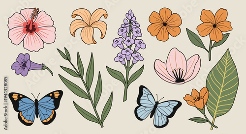 A vibrant collection of hand-drawn flowers and butterflies in a modern style, perfect for nature-themed designs