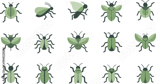 Collection of fifteen stylized insect illustrations in green and black with diverse wing and body designs for entomology and vector art projects