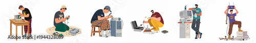 Set of illustrations featuring young men tinkering with and repairing retro computer hardware, vintage video game consoles, and old electronics at home.