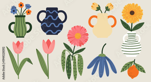 A vibrant collection of illustrated flower vases with various floral arrangements in a modern, flat style