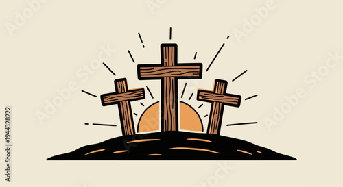 Three wooden crosses on a hill with rays of sunlight, illustrated in a modern flat style, symbolizing faith