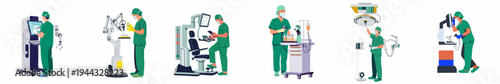 Flat illustration set of medical professionals operating advanced robotic surgical equipment and high-tech tools in a modern hospital setting.